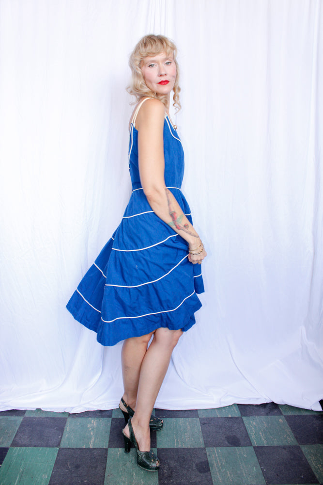 1950s Bright Blue Cotton Dress - S/M