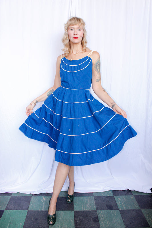 1950s Bright Blue Cotton Dress - S/M