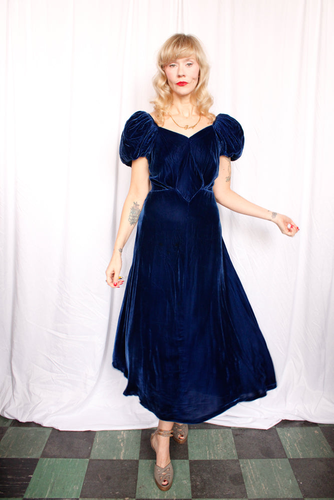 1930s Sapphire Blue Puff Sleeve Gown - Small to Medium