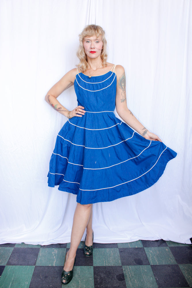 1950s Bright Blue Cotton Dress - S/M