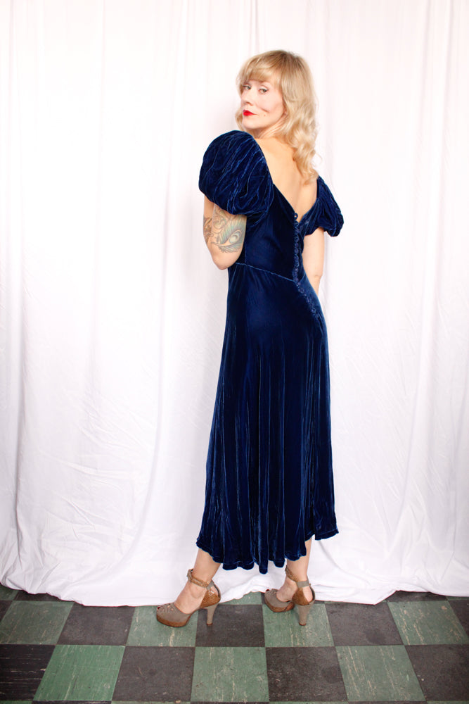 1930s Sapphire Blue Puff Sleeve Gown - Small to Medium