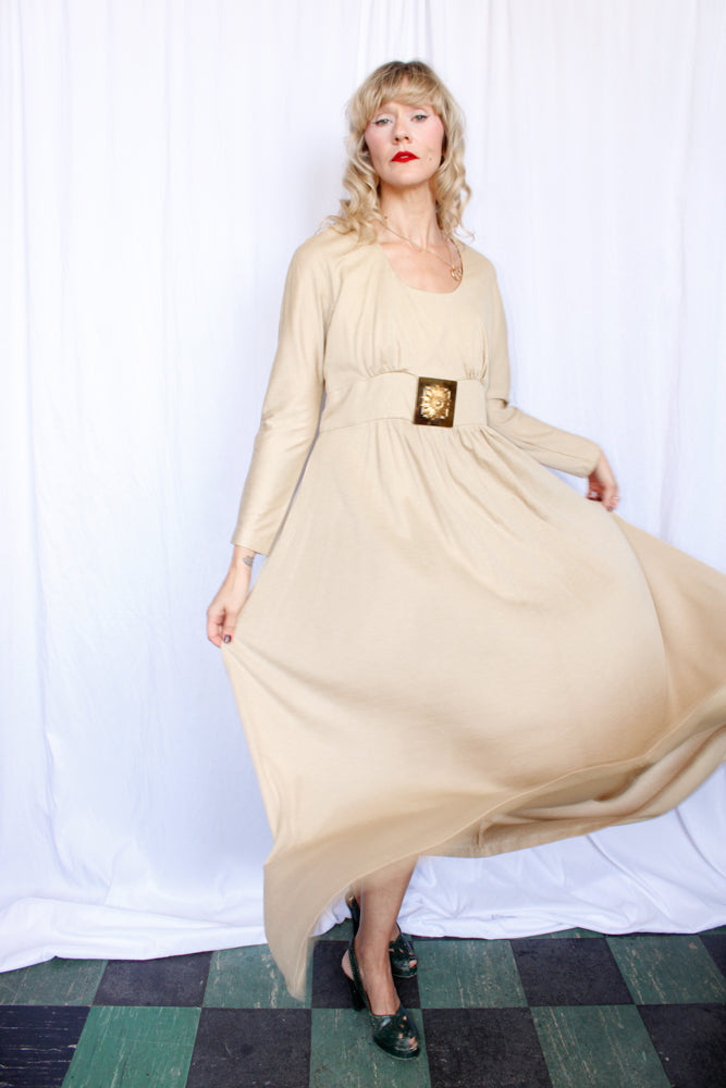 1970s Champagne Silk Jersey Dress - Large