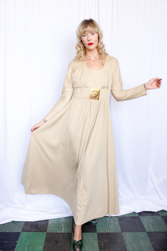 1970s Champagne Silk Jersey Dress - Large