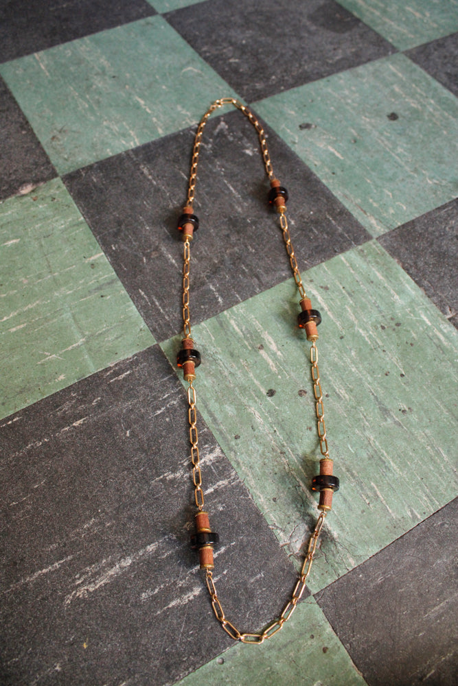 1970s Wood, Resin & Brass Long Necklace