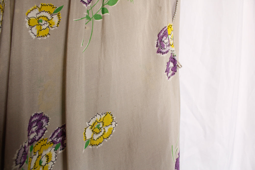 1940s Grey & Purple Silk Floral Dress - Small