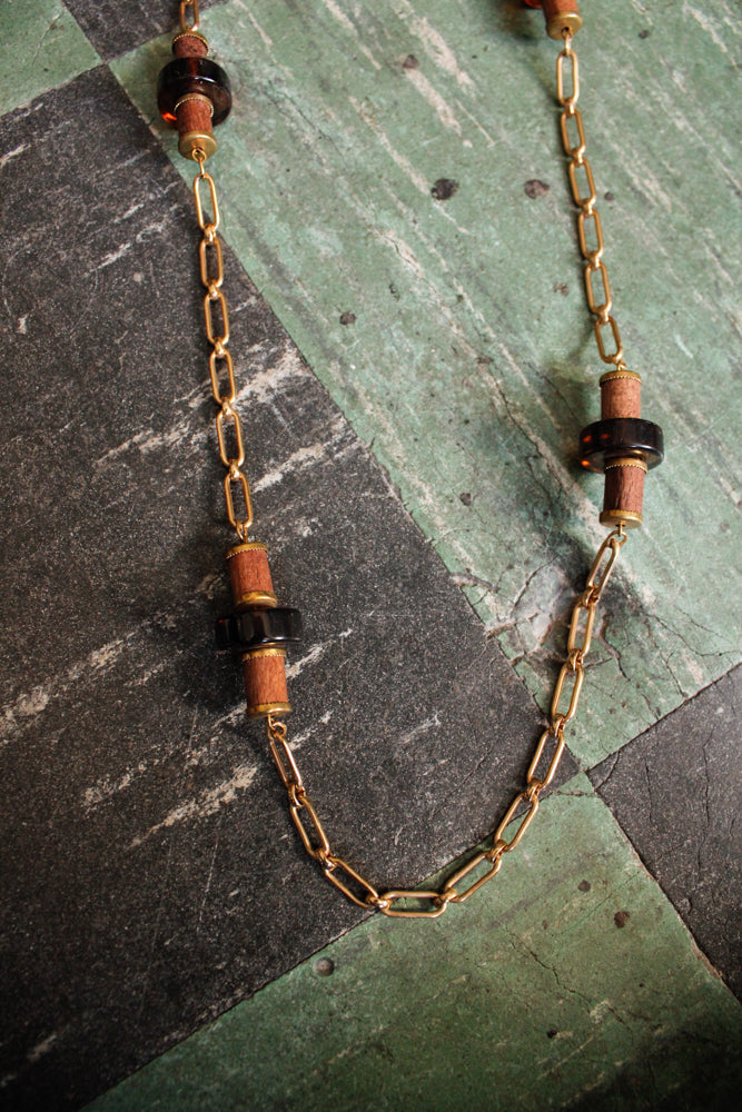 1970s Wood, Resin & Brass Long Necklace