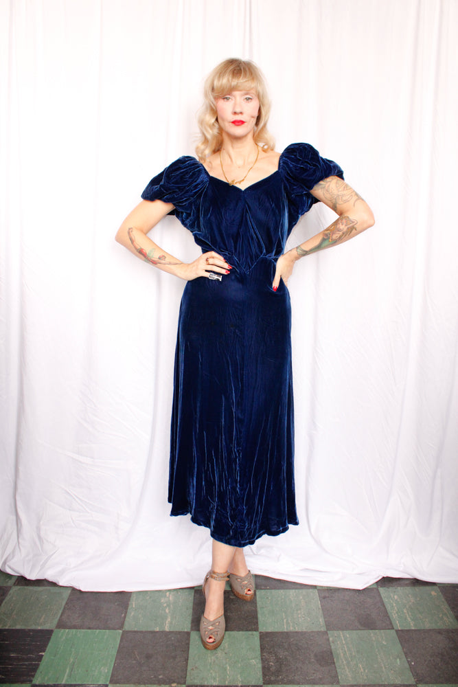 1930s Sapphire Blue Puff Sleeve Gown - Small to Medium