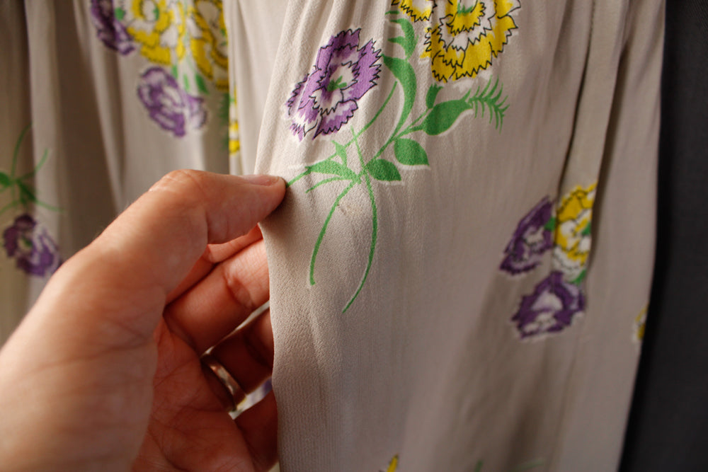 1940s Grey & Purple Silk Floral Dress - Small