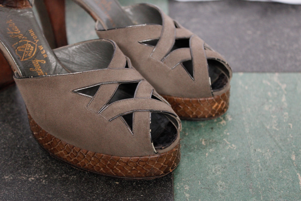 1940s Joseph Salon Snakeskin and Leather Platform Heels - 8