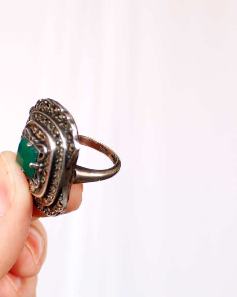 1940s Deco Marcasite & Green Gem Sterling Silver Cocktail Ring - 4.75