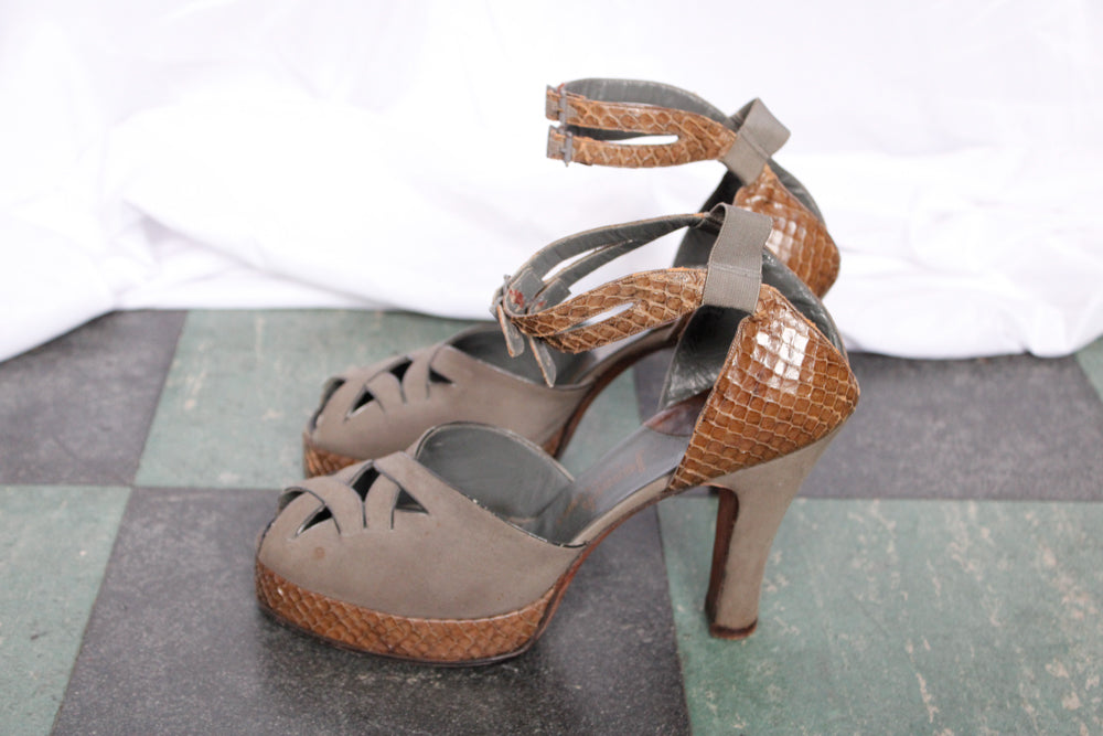 1940s Joseph Salon Snakeskin and Leather Platform Heels - 8