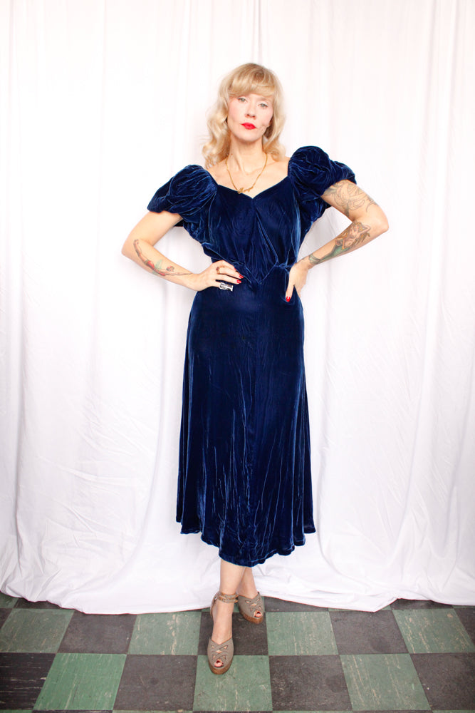 1930s Sapphire Blue Puff Sleeve Gown - Small to Medium