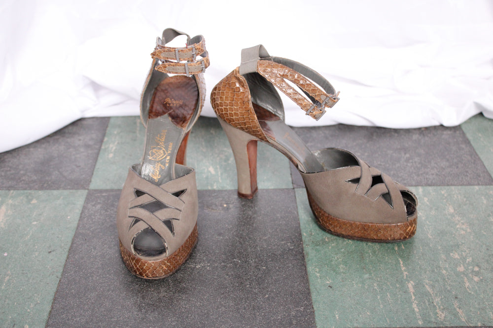 1940s Joseph Salon Snakeskin and Leather Platform Heels - 8