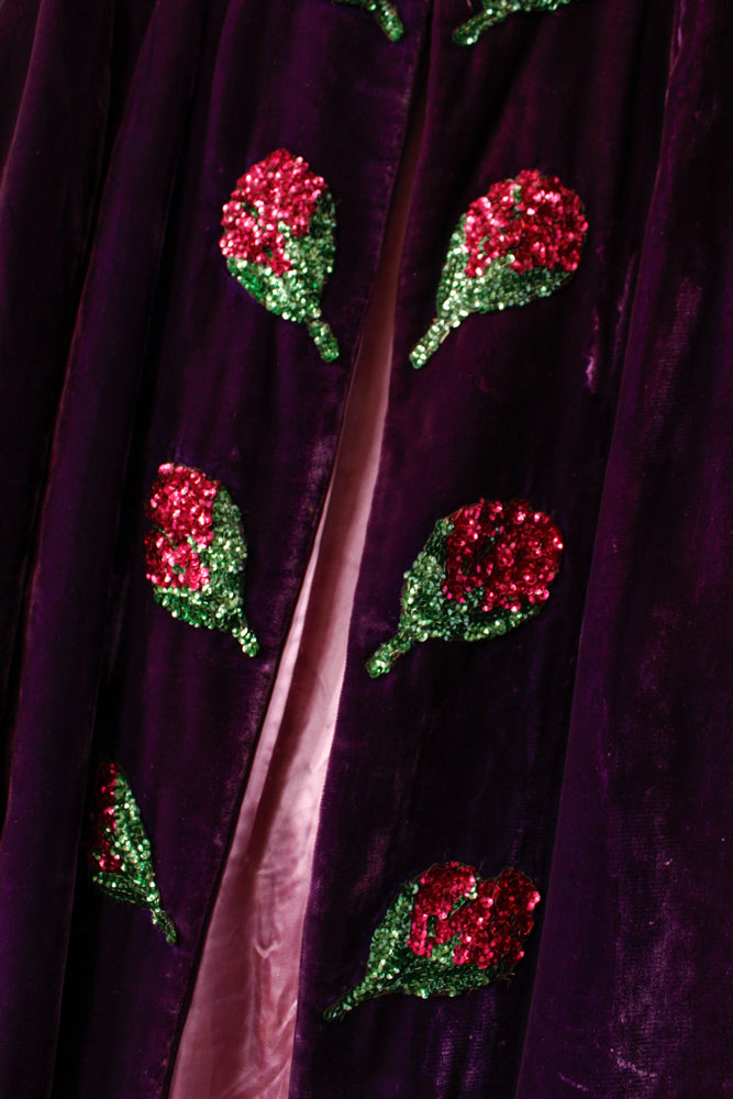 Early 1940s Purple Velvet Pink Sequin Flower Coat - M/L