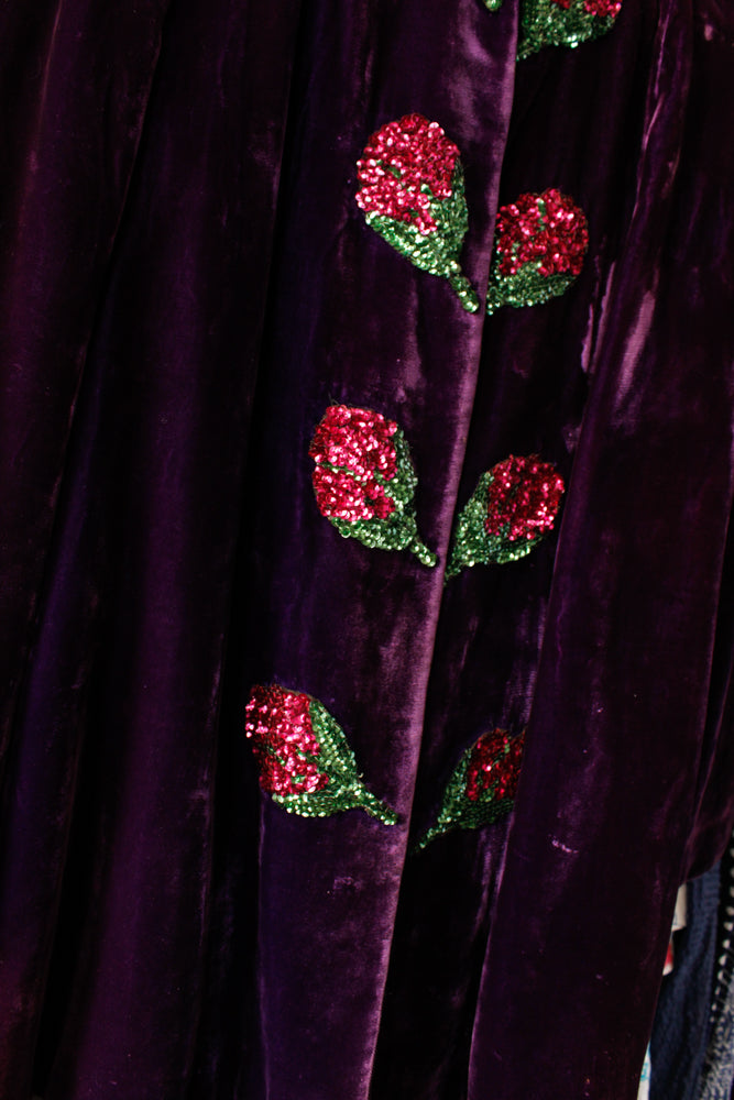 Early 1940s Purple Velvet Pink Sequin Flower Coat - M/L