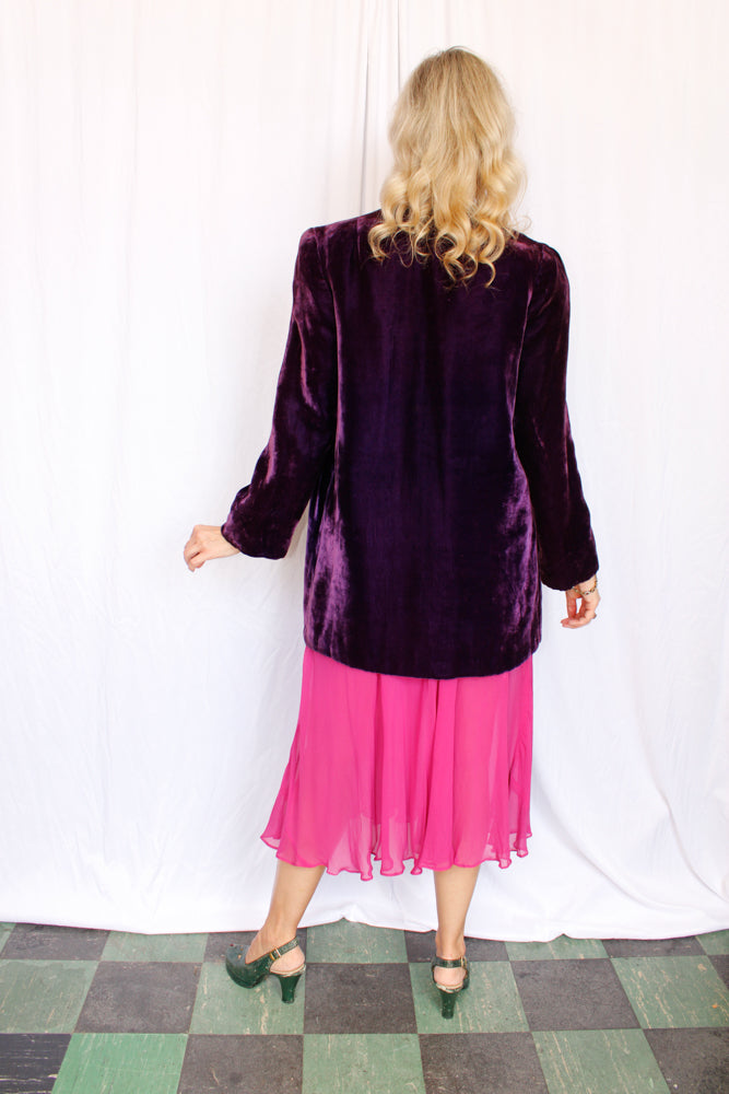 Early 1940s Purple Velvet Pink Sequin Flower Coat - M/L