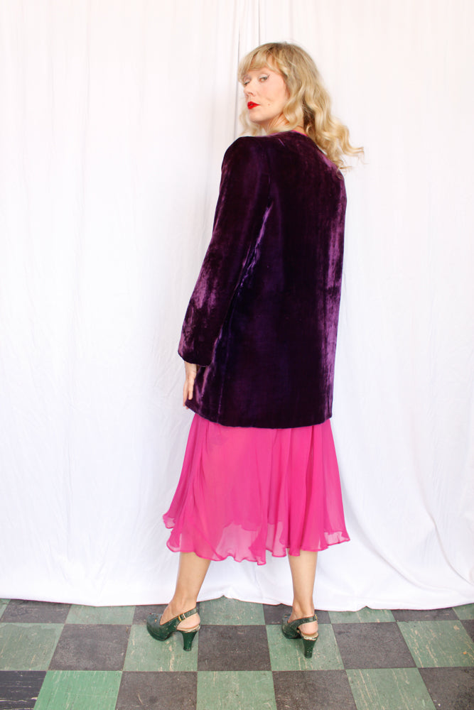 Early 1940s Purple Velvet Pink Sequin Flower Coat - M/L