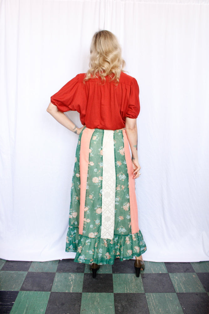 1970s Floral and Lace Maxi Prairie Skirt - M/L