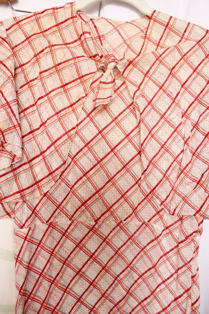 1930s Plaid Cotton Gown & Flutter Sleeve Bolero - Xsmall