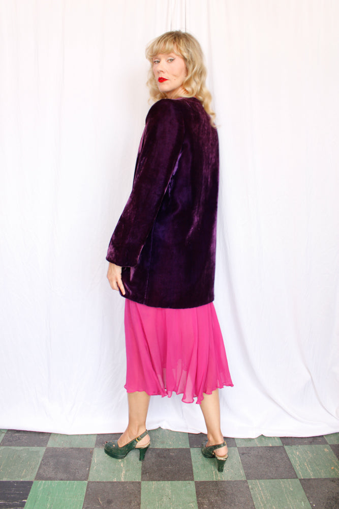 Early 1940s Purple Velvet Pink Sequin Flower Coat - M/L