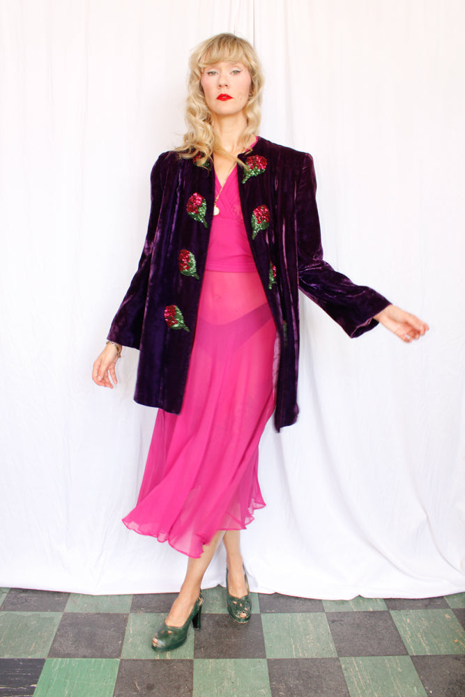 Early 1940s Purple Velvet Pink Sequin Flower Coat - M/L