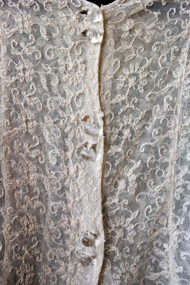 1930s Lace Blouse with Glass Buttons - Small