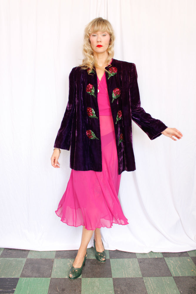 Early 1940s Purple Velvet Pink Sequin Flower Coat - M/L