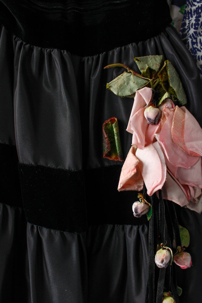 1930s Black Velvet Halter & Taffeta Gown with 3D Pink Floral Detail - XS