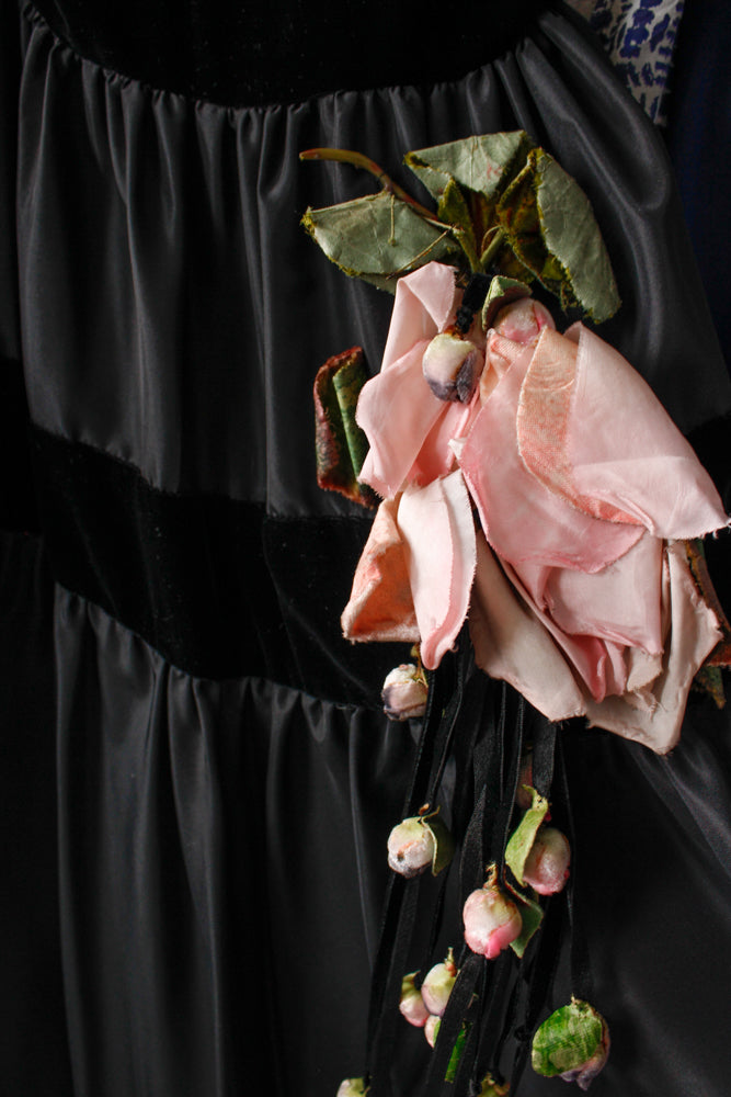 1930s Black Velvet Halter & Taffeta Gown with 3D Pink Floral Detail - XS