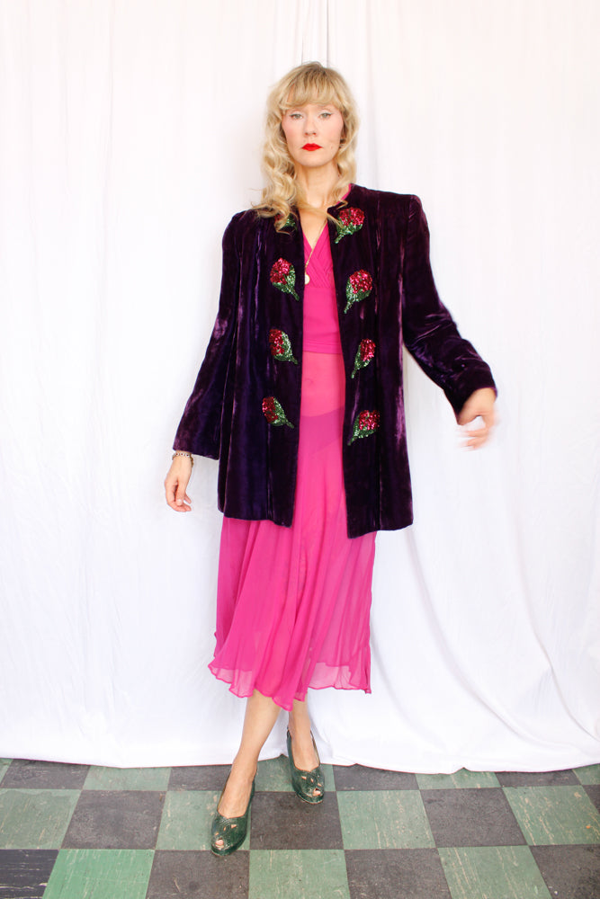 Early 1940s Purple Velvet Pink Sequin Flower Coat - M/L