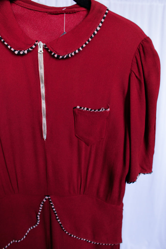 1930s Dark Burgundy Crepe Dress - Small - As Is