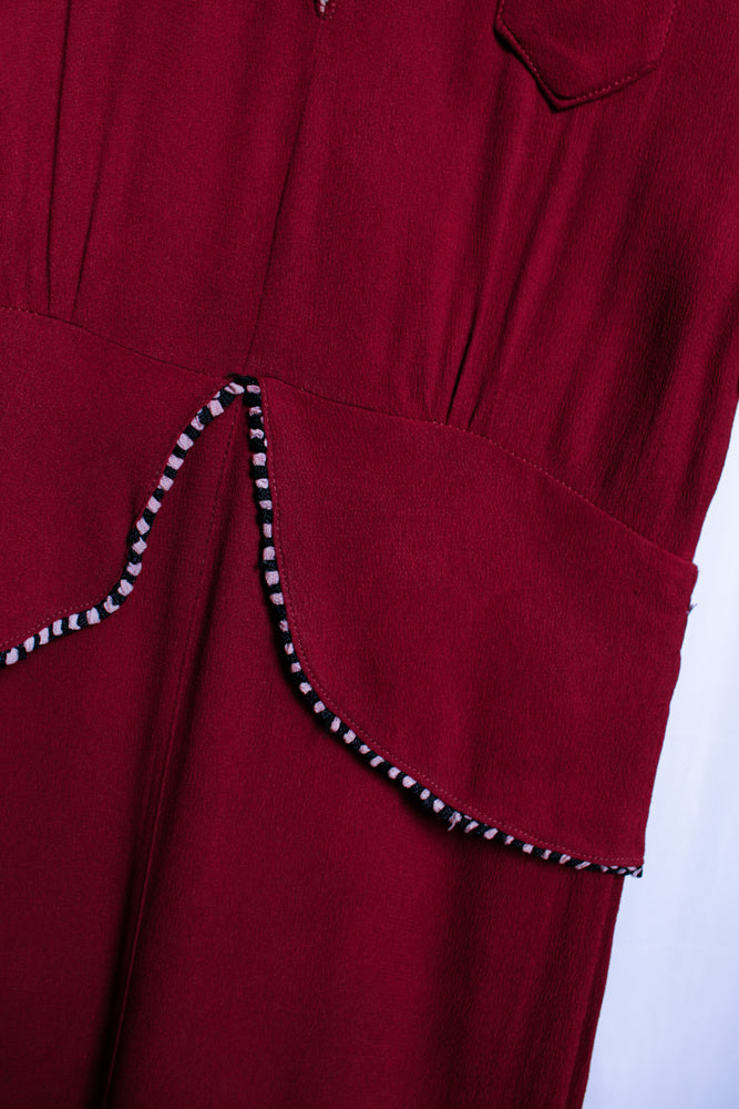 1930s Dark Burgundy Crepe Dress - Small - As Is