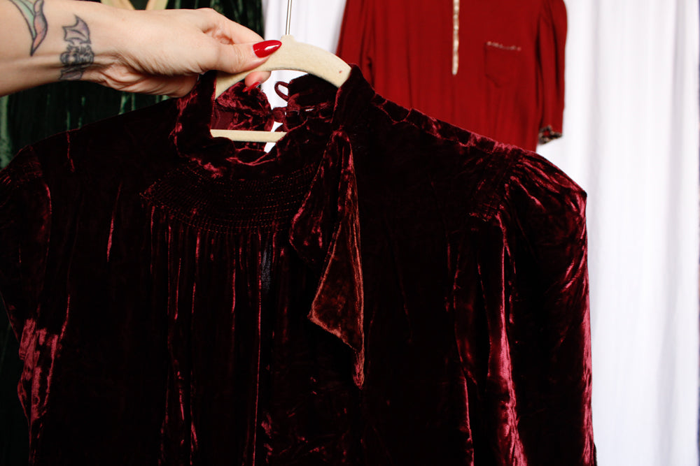 1930s Burgundy Silk Velvet Puff Sleeve Dress - Petite Medium