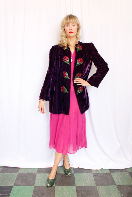 Early 1940s Purple Velvet Pink Sequin Flower Coat - M/L