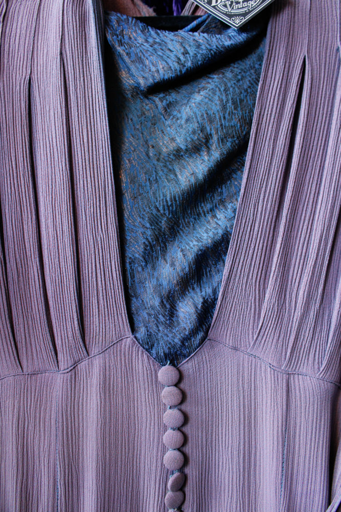 1930s Rayon Crepe and Lamé Lavender & Blue Dress - S/M Petite