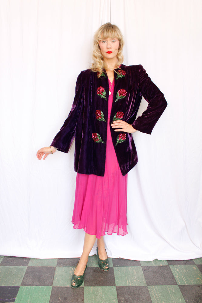 Early 1940s Purple Velvet Pink Sequin Flower Coat - M/L