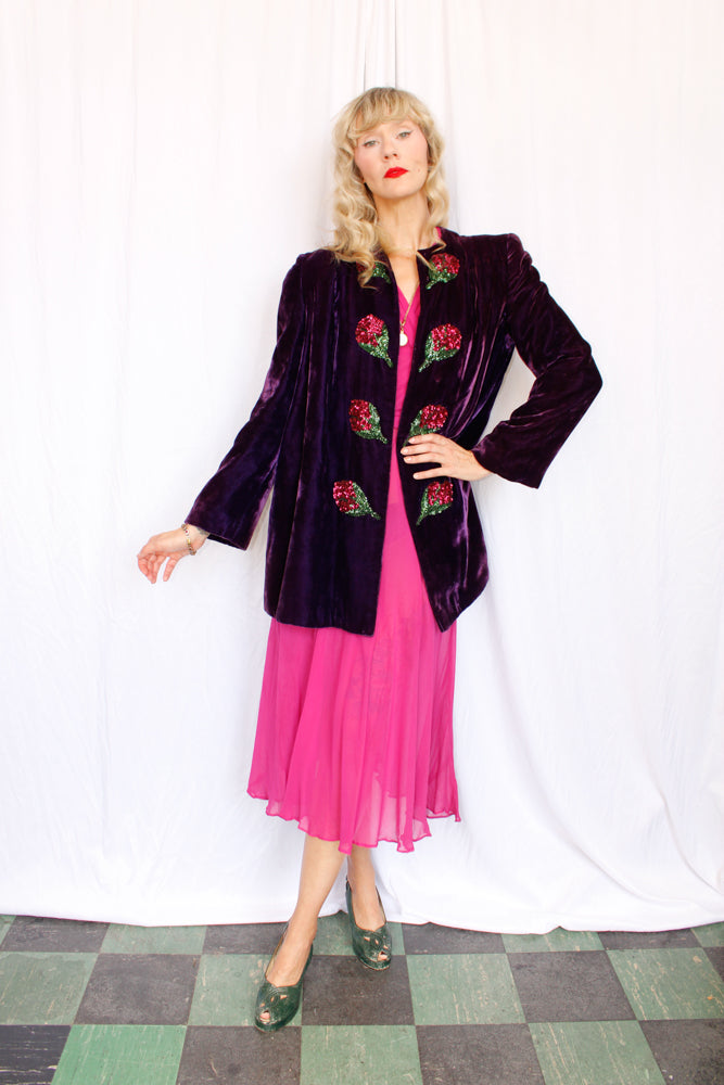 Early 1940s Purple Velvet Pink Sequin Flower Coat - M/L