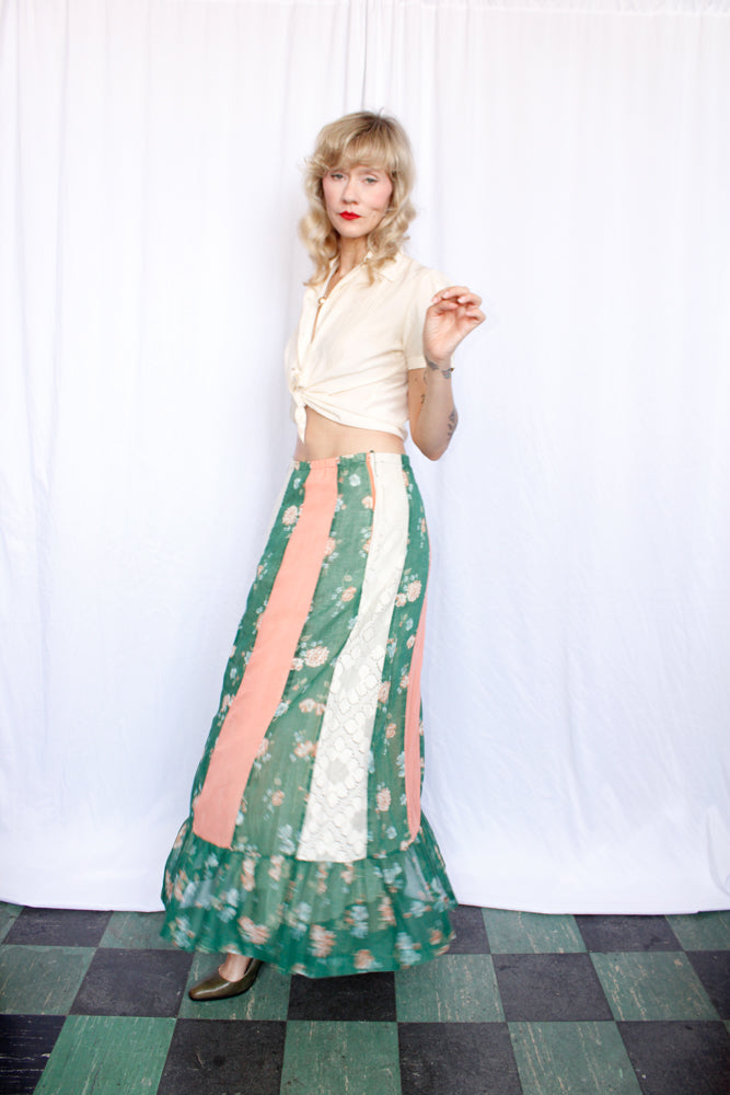 1970s Floral and Lace Maxi Prairie Skirt - M/L