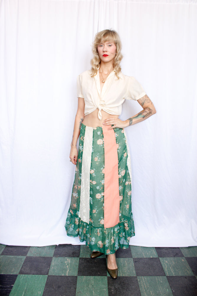 1970s Floral and Lace Maxi Prairie Skirt - M/L