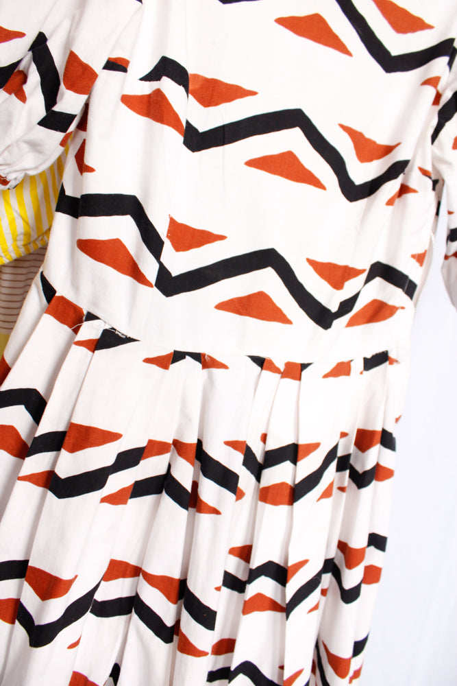 1950s Geometric Cotton Puff Sleeve Dress - Xs/S