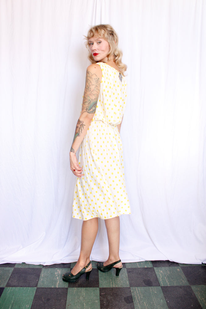 1950s Jerry Gilden Yellow & White Polka Dot Dress - S/M