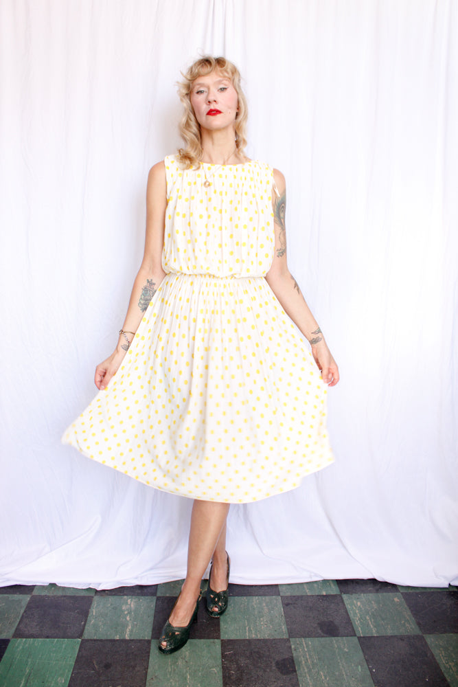 1950s Jerry Gilden Yellow & White Polka Dot Dress - S/M