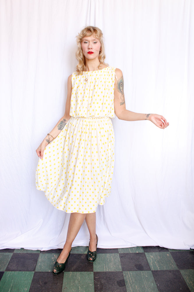 1950s Jerry Gilden Yellow & White Polka Dot Dress - S/M