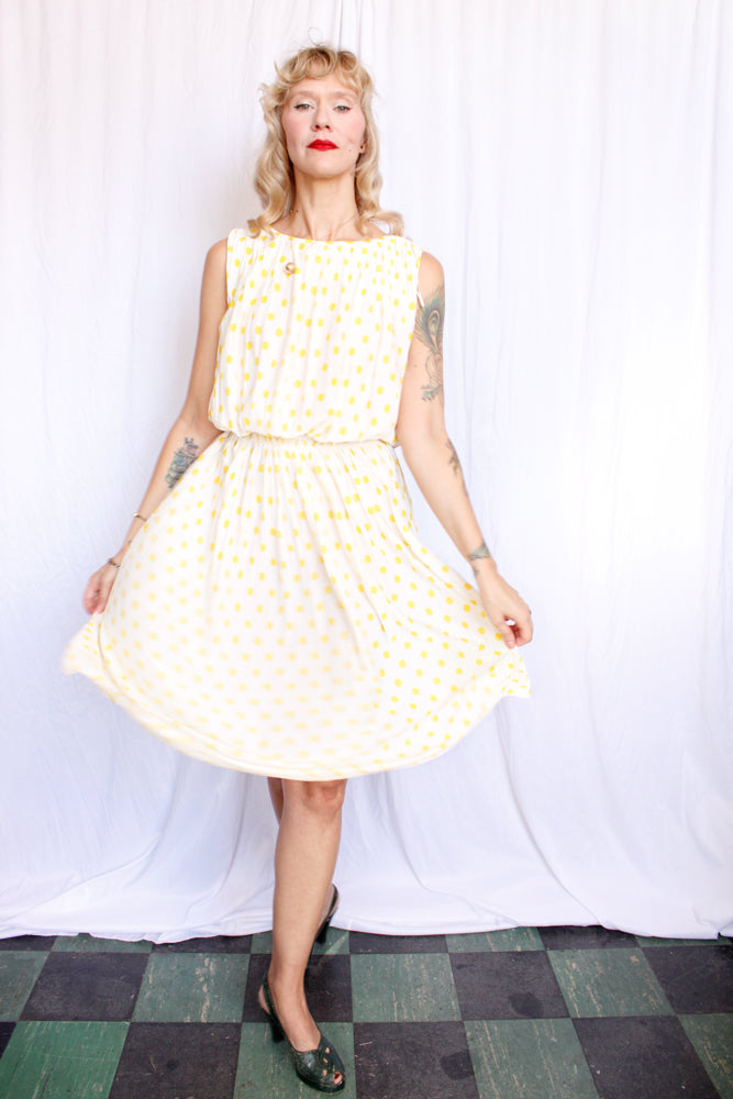 1950s Jerry Gilden Yellow & White Polka Dot Dress - S/M