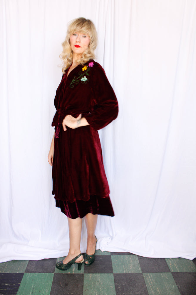 Early 1940s Deep Bordeaux Velvet Dress - XXL