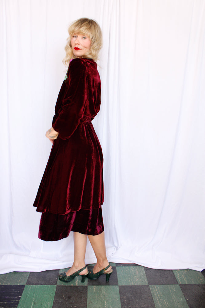 Early 1940s Deep Bordeaux Velvet Dress - XXL