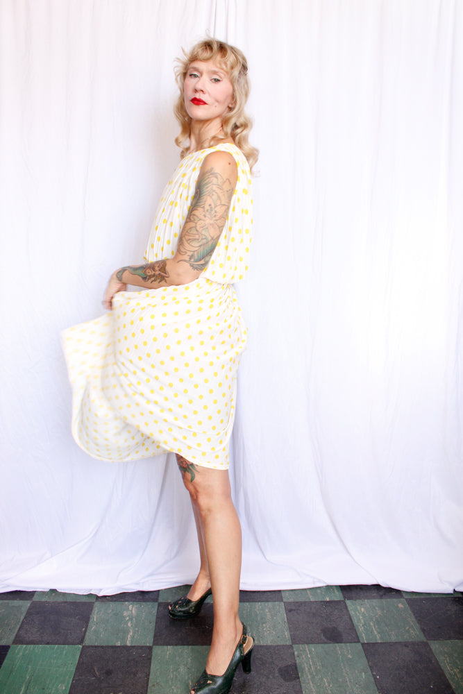 1950s Jerry Gilden Yellow & White Polka Dot Dress - S/M