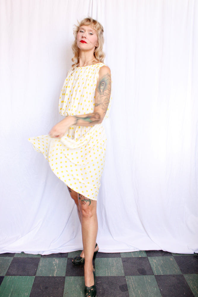 1950s Jerry Gilden Yellow & White Polka Dot Dress - S/M