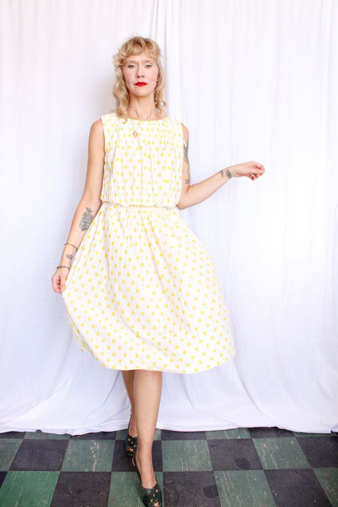 1950s Jerry Gilden Yellow & White Polka Dot Dress - S/M