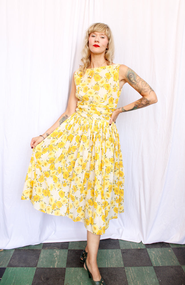 1950s Yellow Floral Cotton Dress - M/L